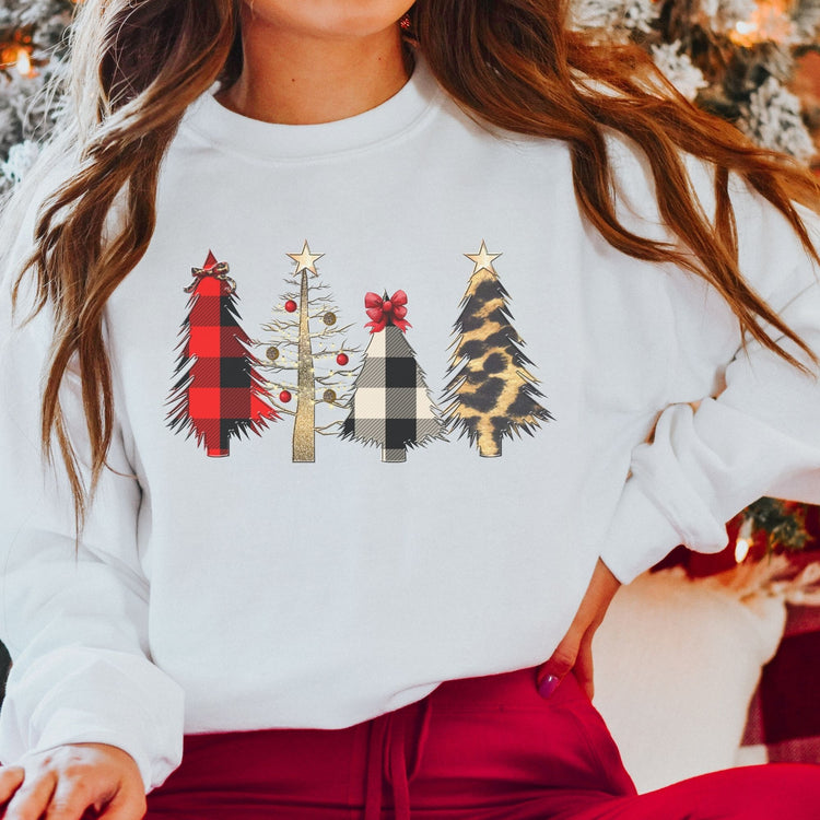 Buffalo Plaid + Leopard Print Christmas Trees Unisex Fit Crewneck Sweatshirt