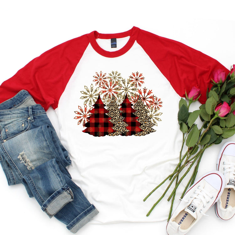 Red Plaid Christmas Trees Raglan Baseball Tee