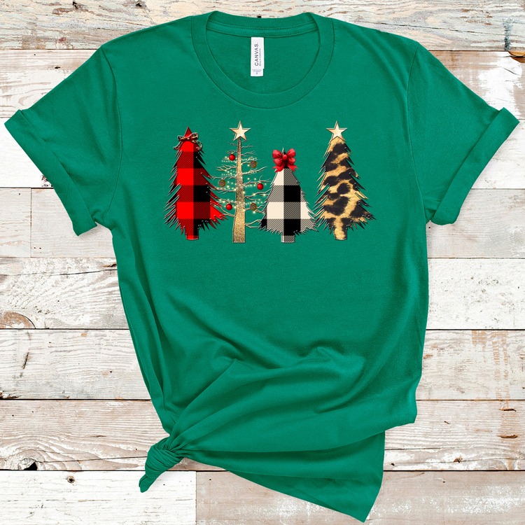 Buffalo Plaid Leopard Print Christmas Tree Graphic T-Shirt